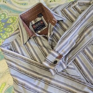 English Laundry Mens Striped Cotton Brown Gray Taupe Long Sleeve Shirt Medium